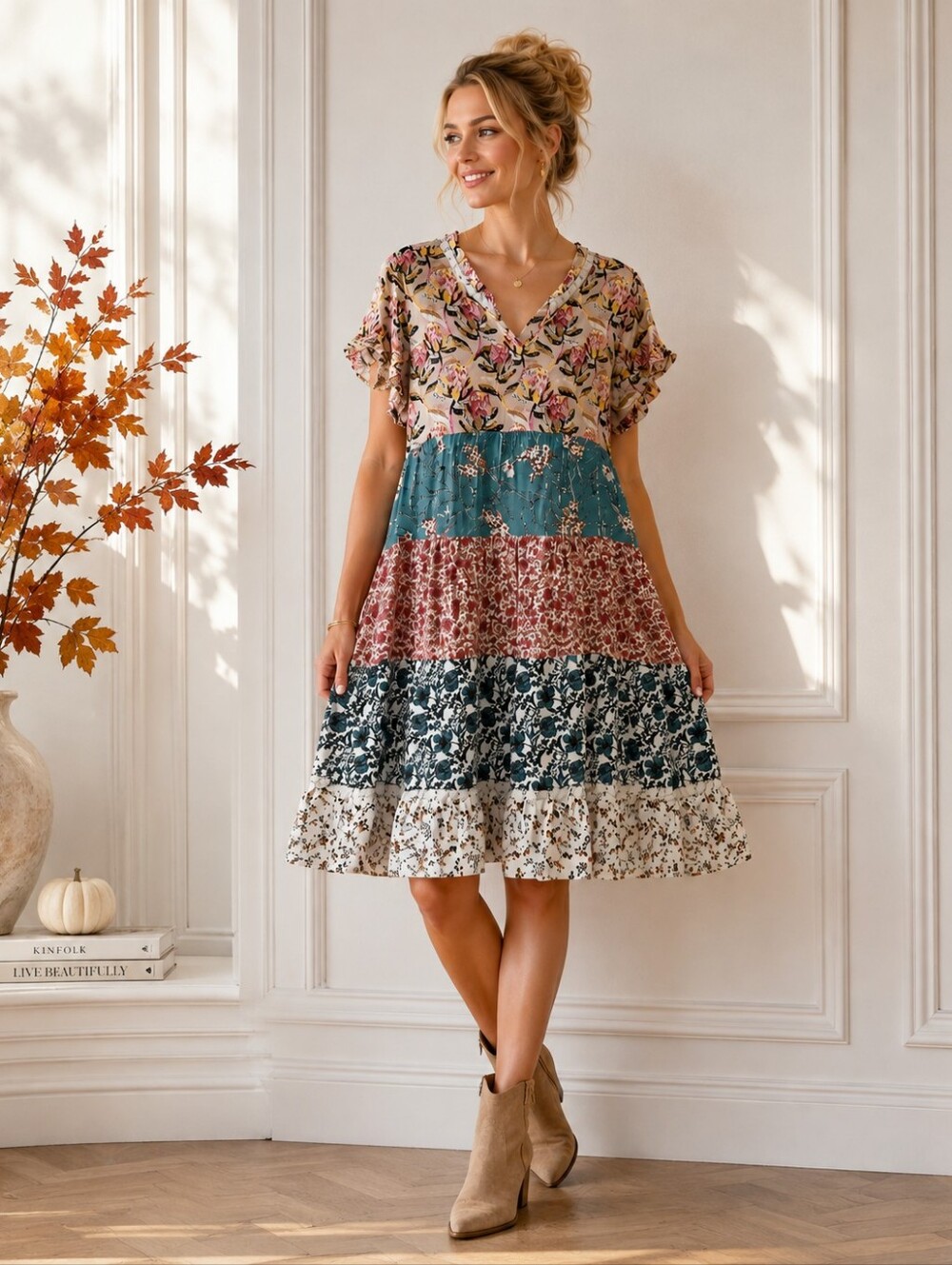 Grace & Lace Floral Patchwork Tiered Dress Boho Cottagecore | Size Medium